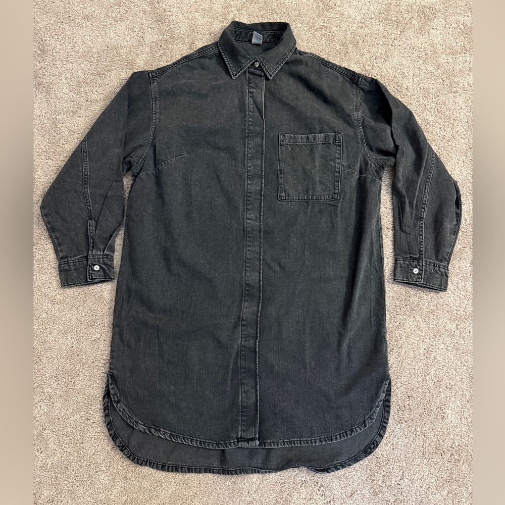 H&M & Denim Shirt Dress Women Size Small Black Tunic Button Down Long Sleeve